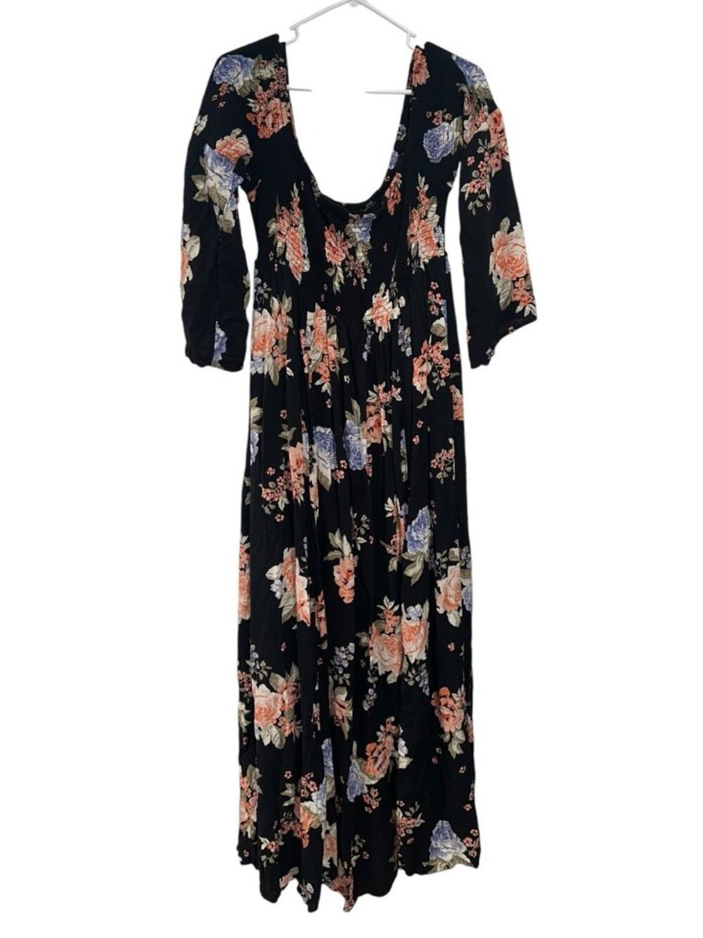 Torrid Plus Sz 2X Maxi Dress Off Shoulder Black Floral Smocked Bell Sleeve Boho